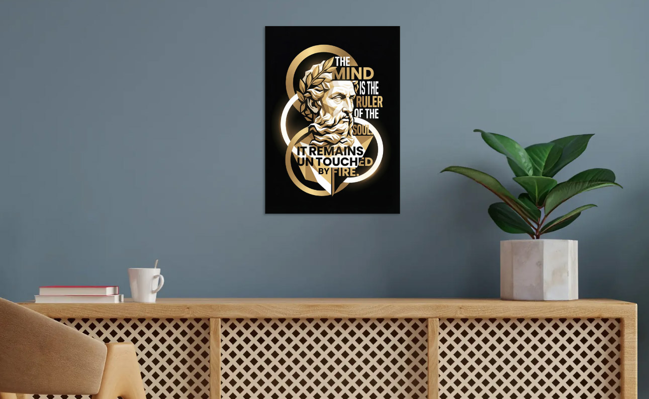 Stoic Quote with Bust of Philosopher — metal poster wall art by Lineer